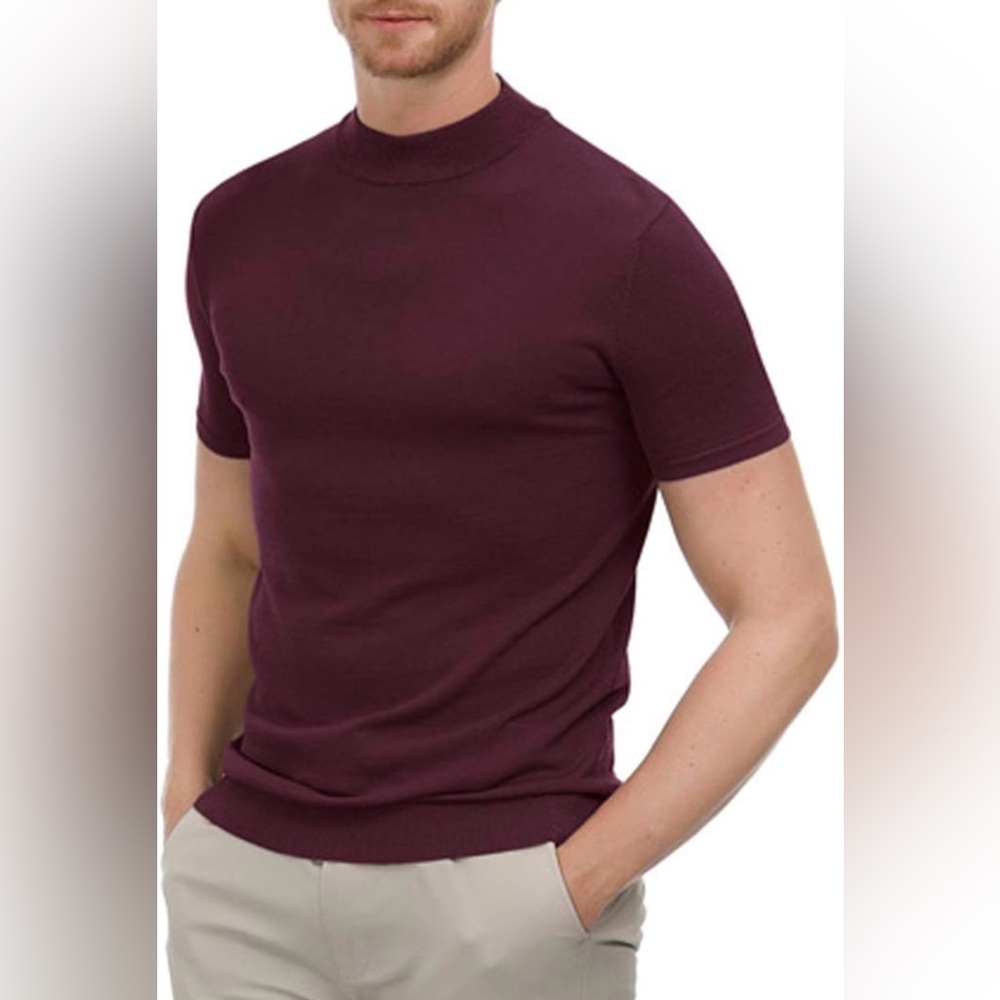 Men's Burgundy Short Sleeve Mock Neck TShirt